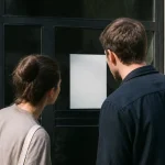 Deux locataires debout lisent une affiche devant un immeuble
