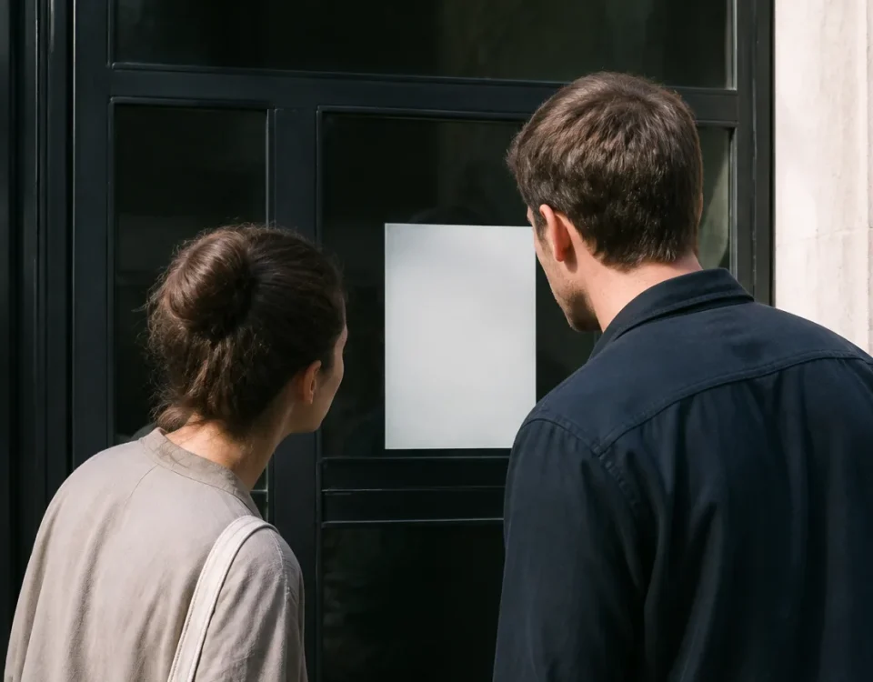 Deux locataires debout lisent une affiche devant un immeuble