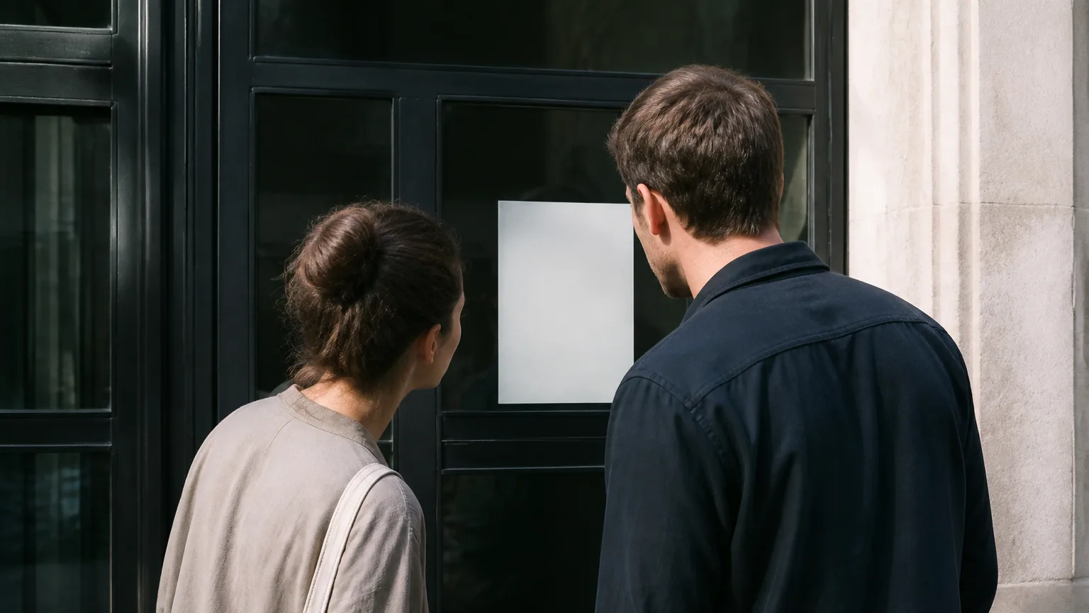 Deux locataires debout lisent une affiche devant un immeuble