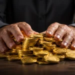 Deux mains posees sur une pile de pieces dorees