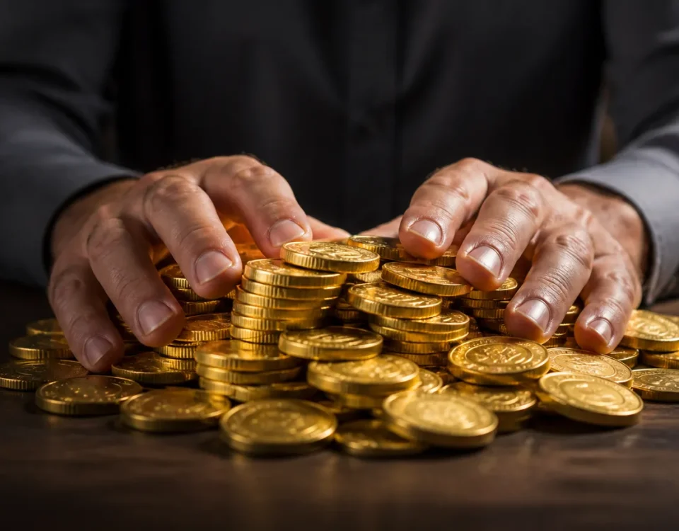 Deux mains posees sur une pile de pieces dorees