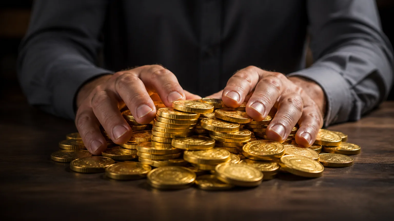 Deux mains posees sur une pile de pieces dorees