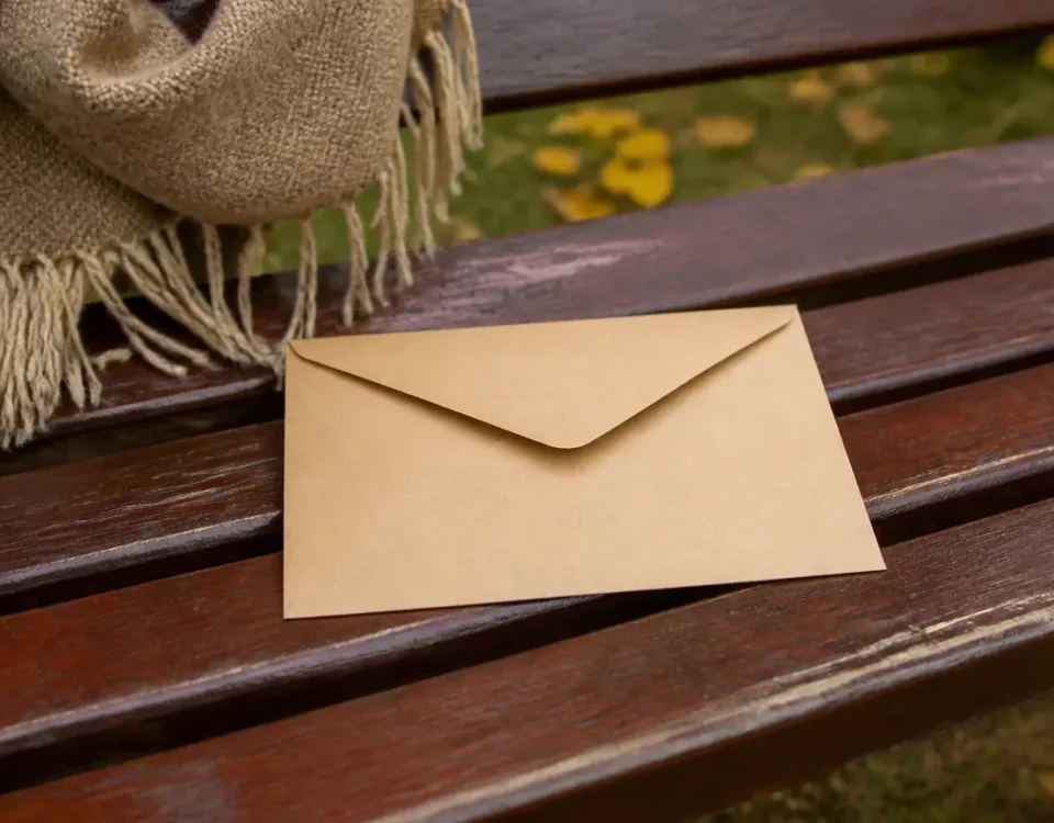 Deux seniors assis sur un banc, enveloppe en main