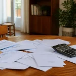 Deux seniors assis a table avec calculatrice et courriers
