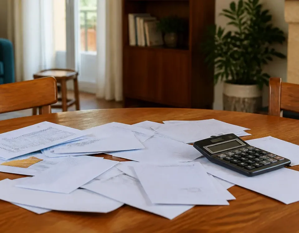 Deux seniors assis a table avec calculatrice et courriers