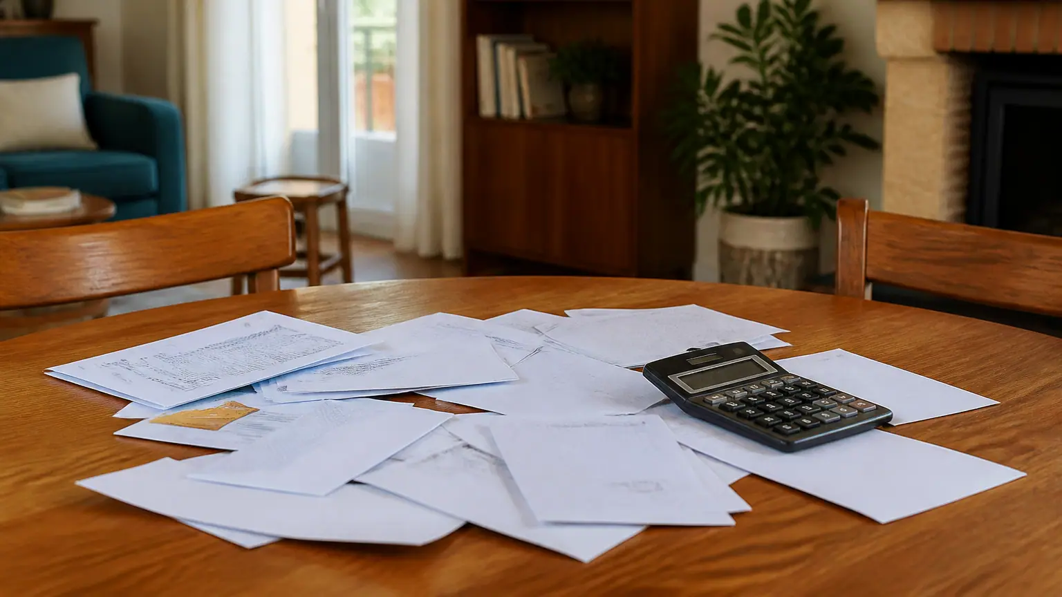Deux seniors assis a table avec calculatrice et courriers