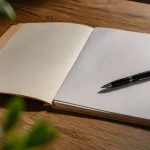 Dossier ouvert sur bureau en bois avec stylo