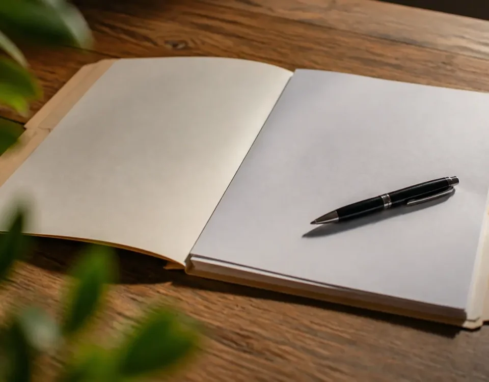 Dossier ouvert sur bureau en bois avec stylo