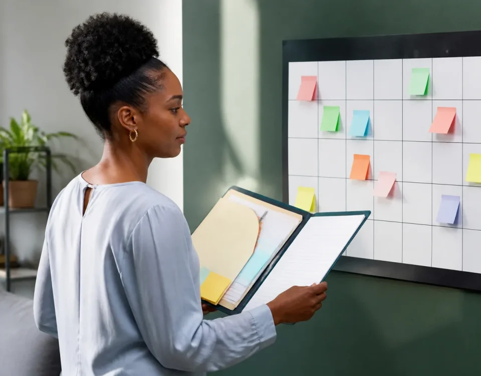 Personne tenant dossier ouvert face calendrier mural