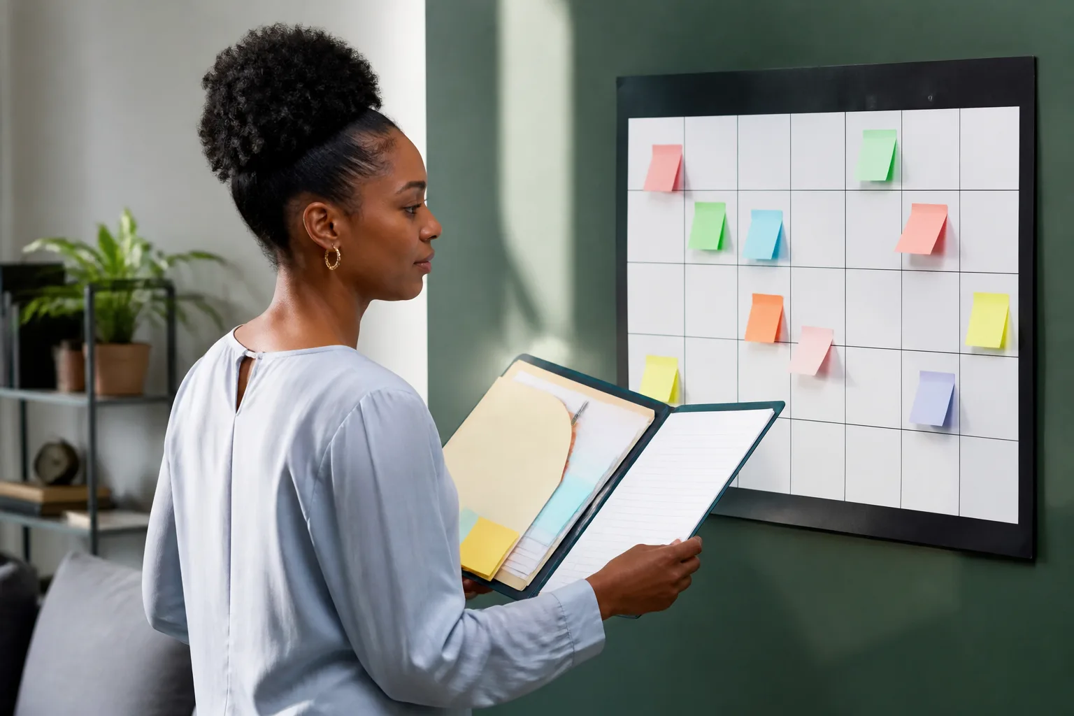 Personne tenant dossier ouvert face calendrier mural