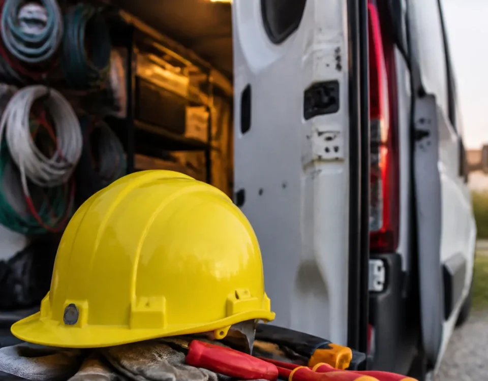 Un electricien en casque jaune debout devant sa camionnette
