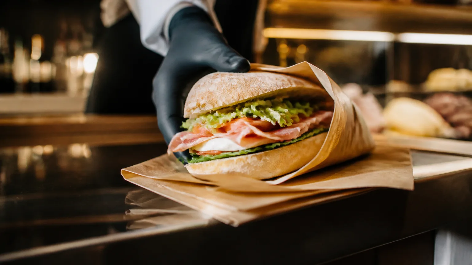 Employe en uniforme tend un sandwich au client