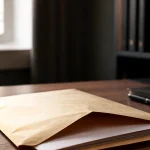 Enveloppe administrative ouverte posee sur un bureau en bois