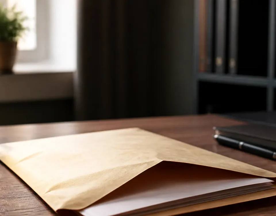 Enveloppe administrative ouverte posee sur un bureau en bois