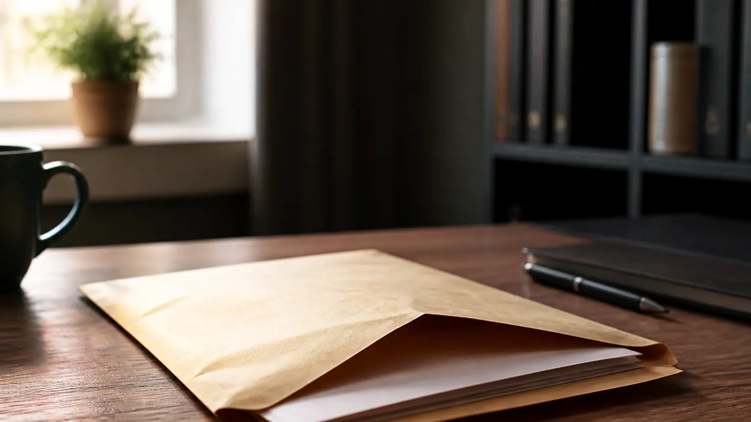 Enveloppe administrative ouverte posee sur un bureau en bois