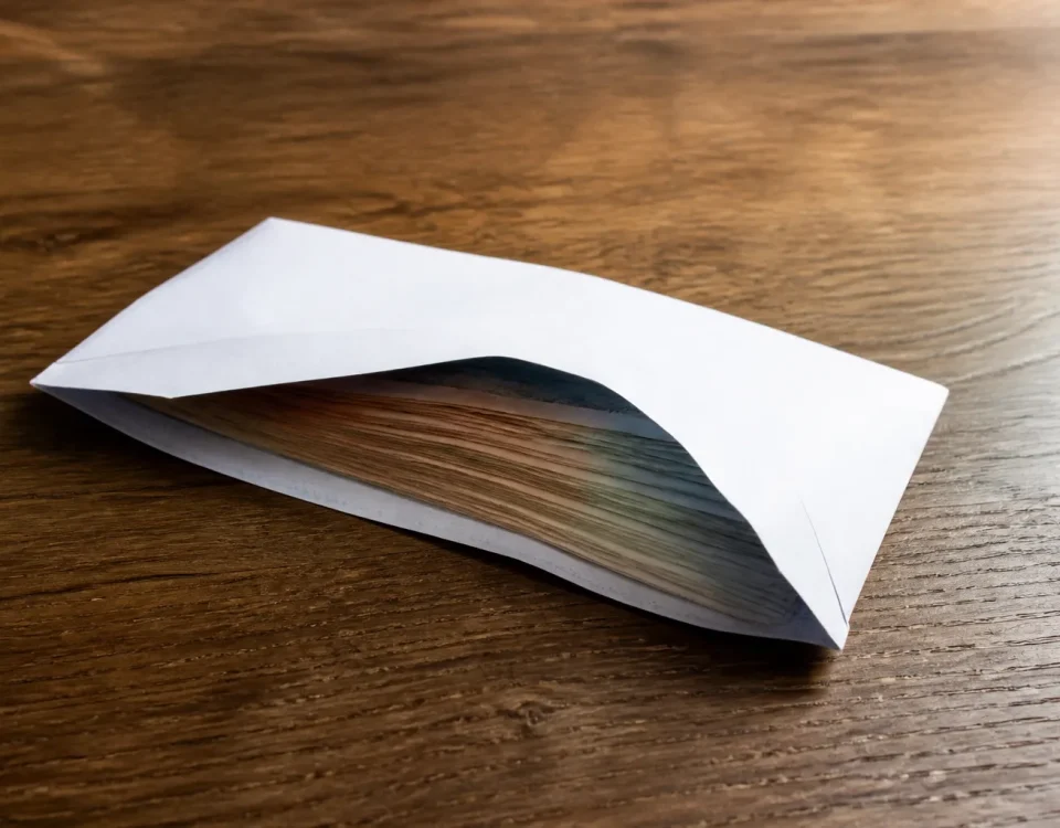 Enveloppe de billets posee sur une table en bois