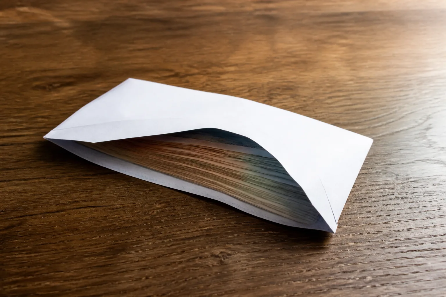 Enveloppe de billets posee sur une table en bois