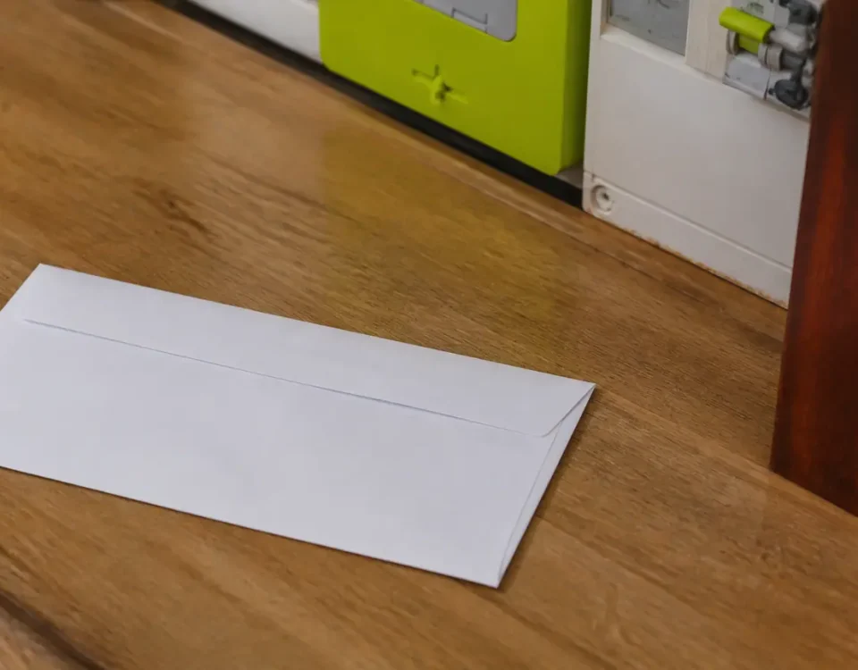 Enveloppe blanche EDF posee sur table pres compteur electrique