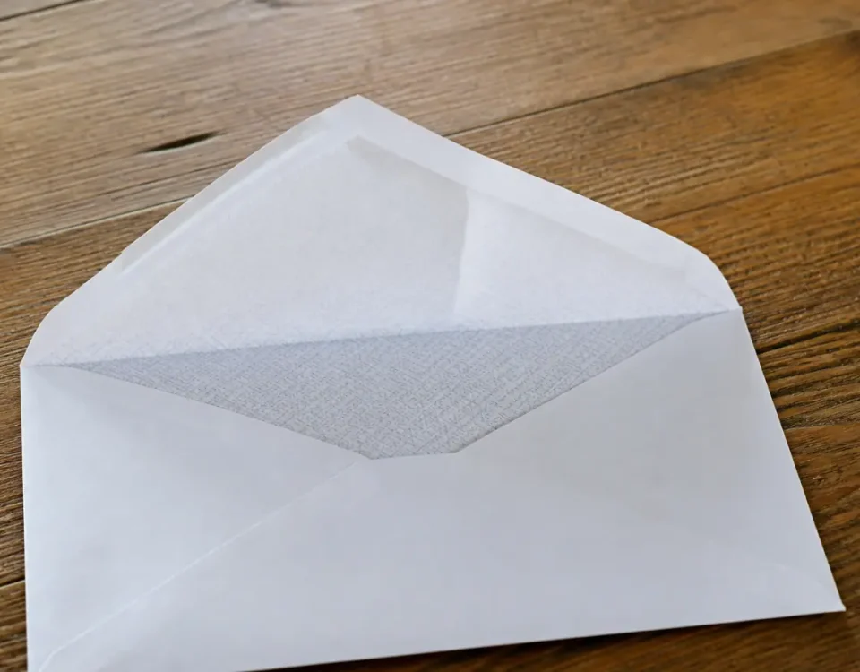 Enveloppe blanche ouverte posee a plat sur une table