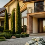 Famille debout devant une maison avec pile de billets