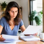 Femme adulte range des factures sur une table