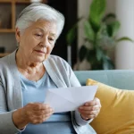 Femme agee assise sur un canape tenant une enveloppe