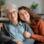 Femme agee assise sur un canape avec sa fille