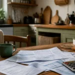 Femme agee assise en cuisine devant factures et calculatrice