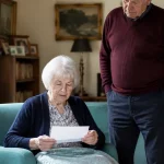 Femme agee assise lisant une lettre, son mari debout