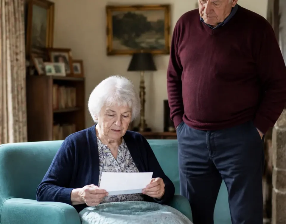 Femme agee assise lisant une lettre, son mari debout