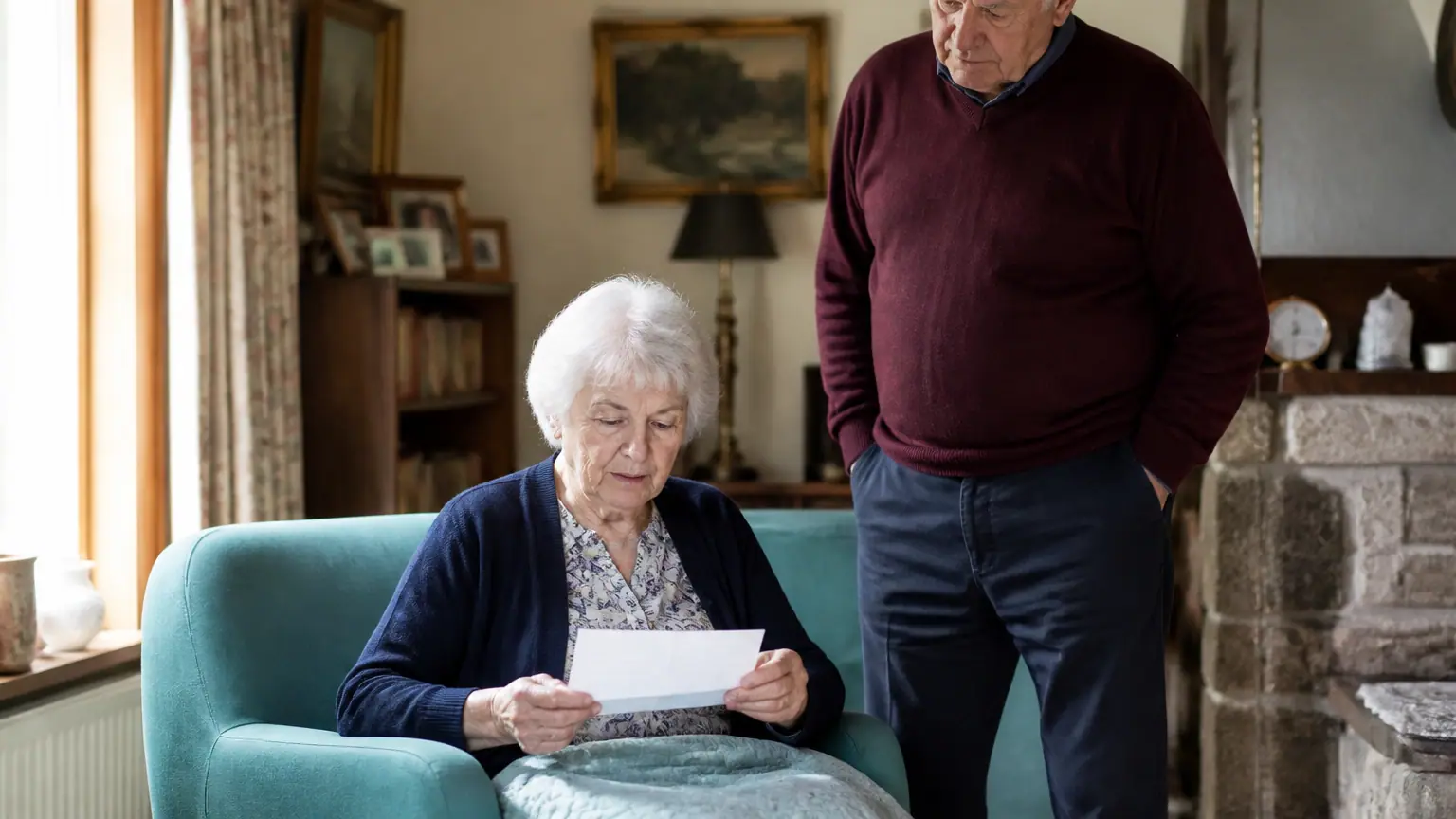 Femme agee assise lisant une lettre, son mari debout