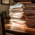 Femme agee assise devant une pile de documents