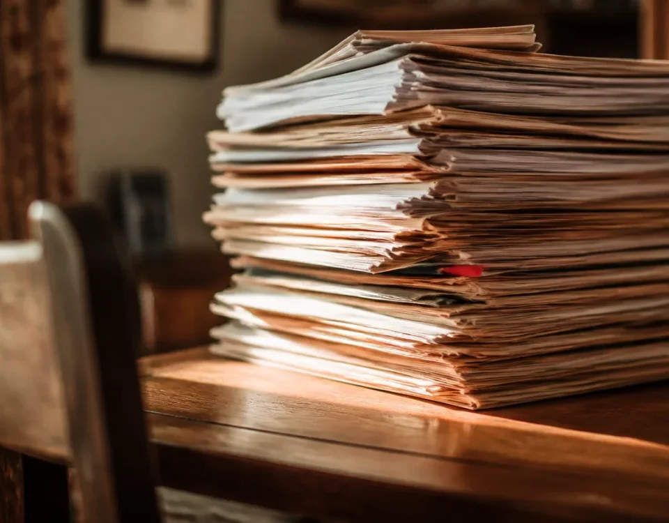 Femme agee assise devant une pile de documents