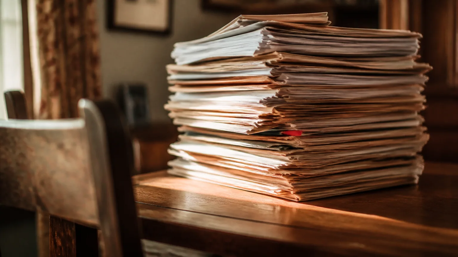 Femme agee assise devant une pile de documents