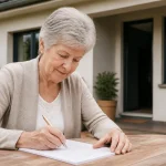 Femme agee assise signant un contrat devant une maison