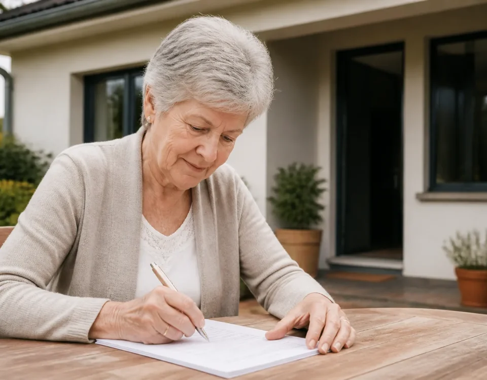 Femme agee assise signant un contrat devant une maison
