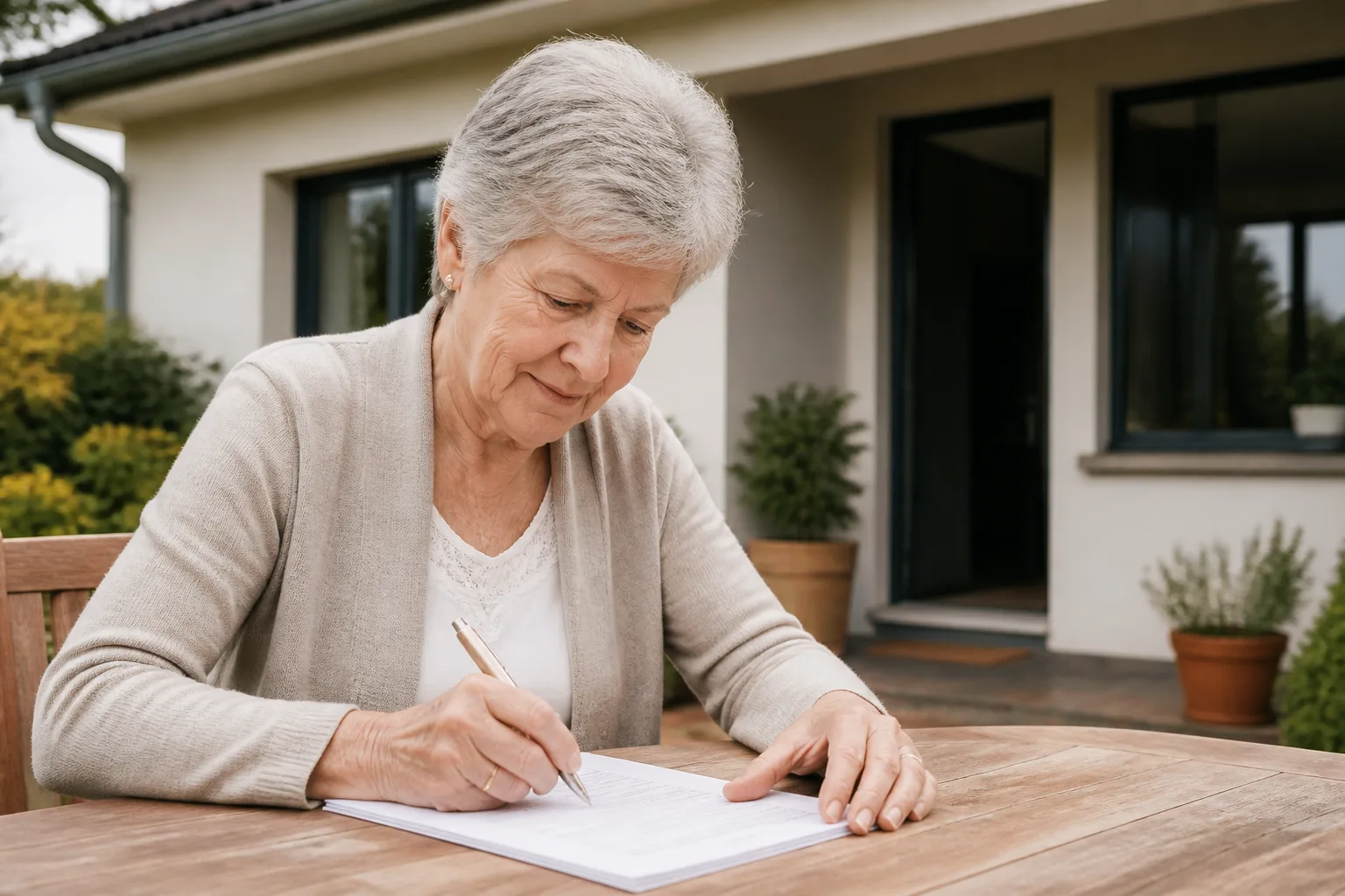Femme agee assise signant un contrat devant une maison