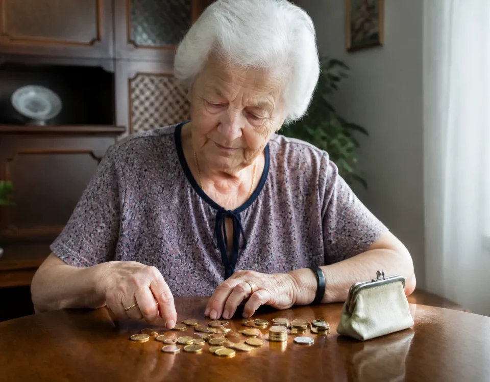 Femme agee assise comptant des pieces sur une table