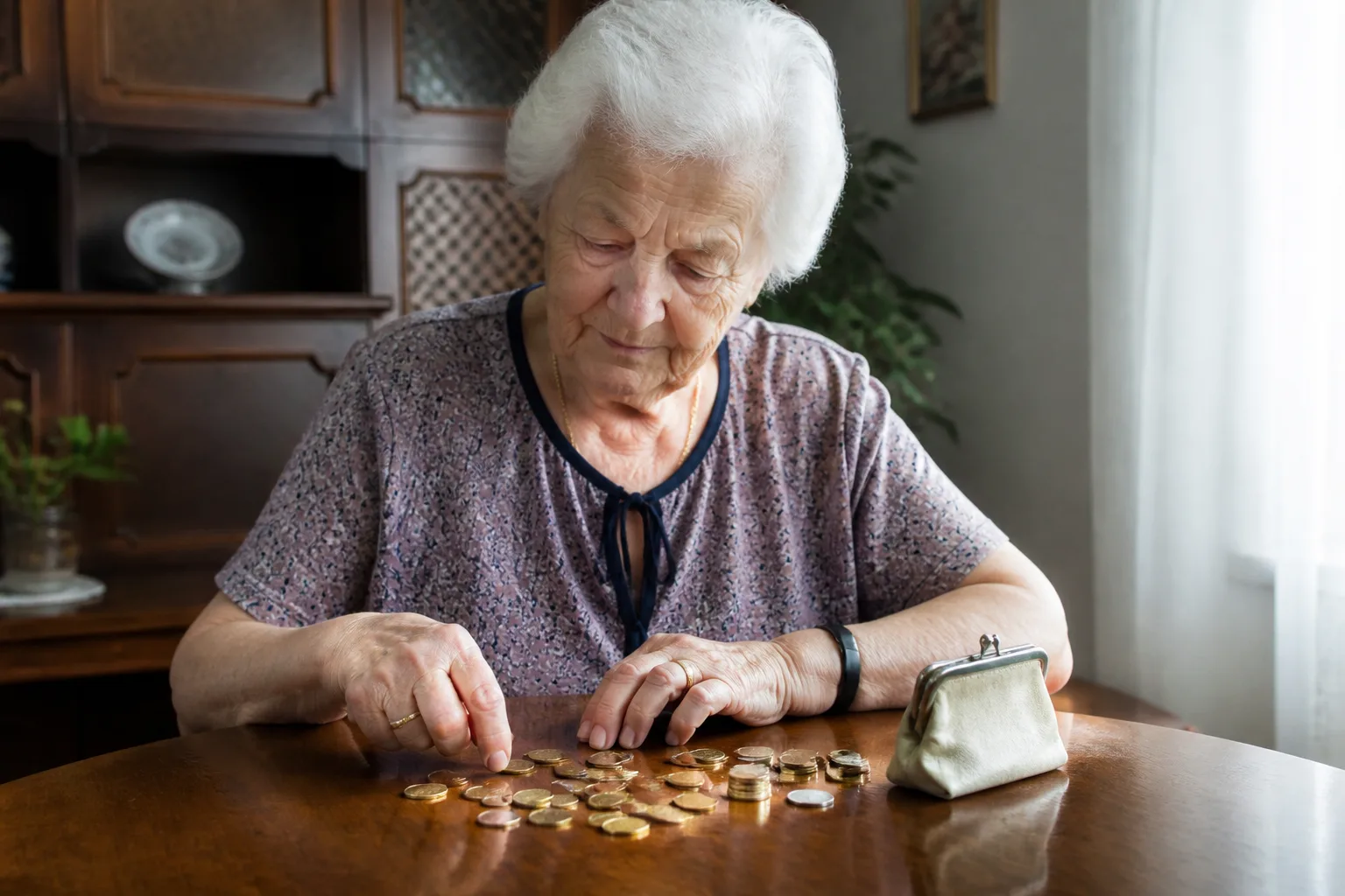 Femme agee assise comptant des pieces sur une table