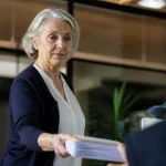 Femme agee debout tendant un dossier a un collegue