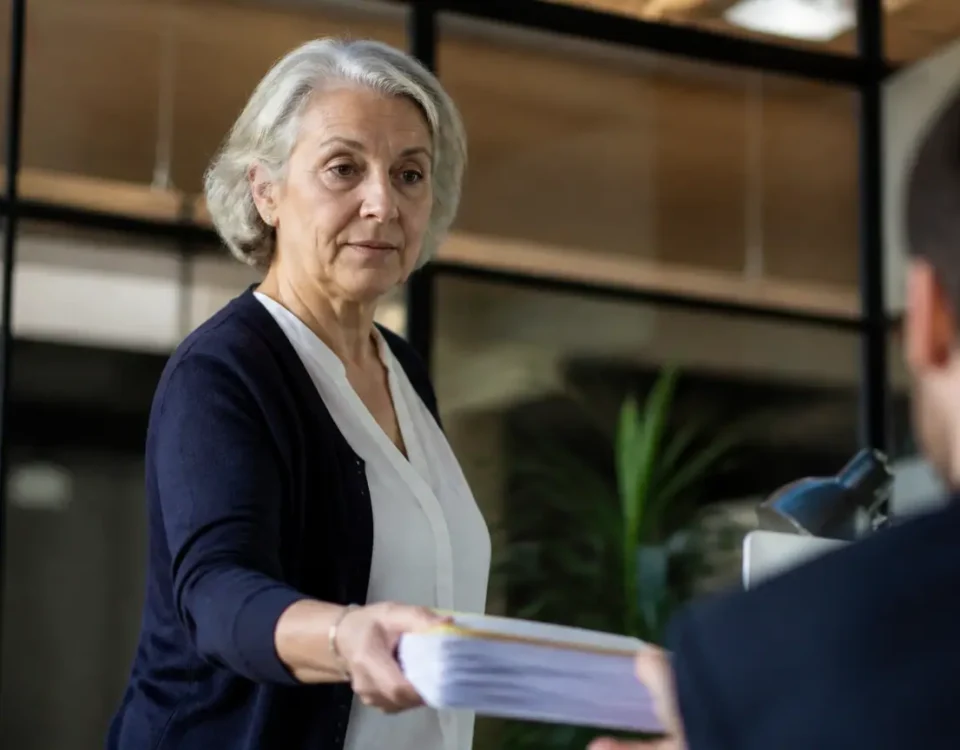 Femme agee debout tendant un dossier a un collegue