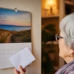 Femme agee tenant une enveloppe devant un calendrier mural