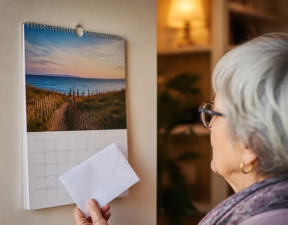 Femme agee tenant une enveloppe devant un calendrier mural