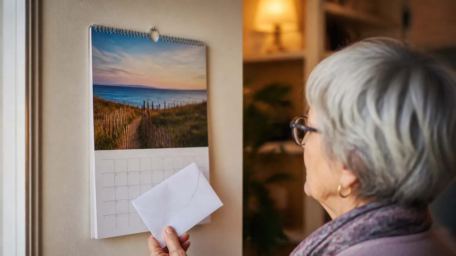 Femme agee tenant une enveloppe devant un calendrier mural