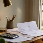 Femme assise devant un bureau consultant un releve bancaire