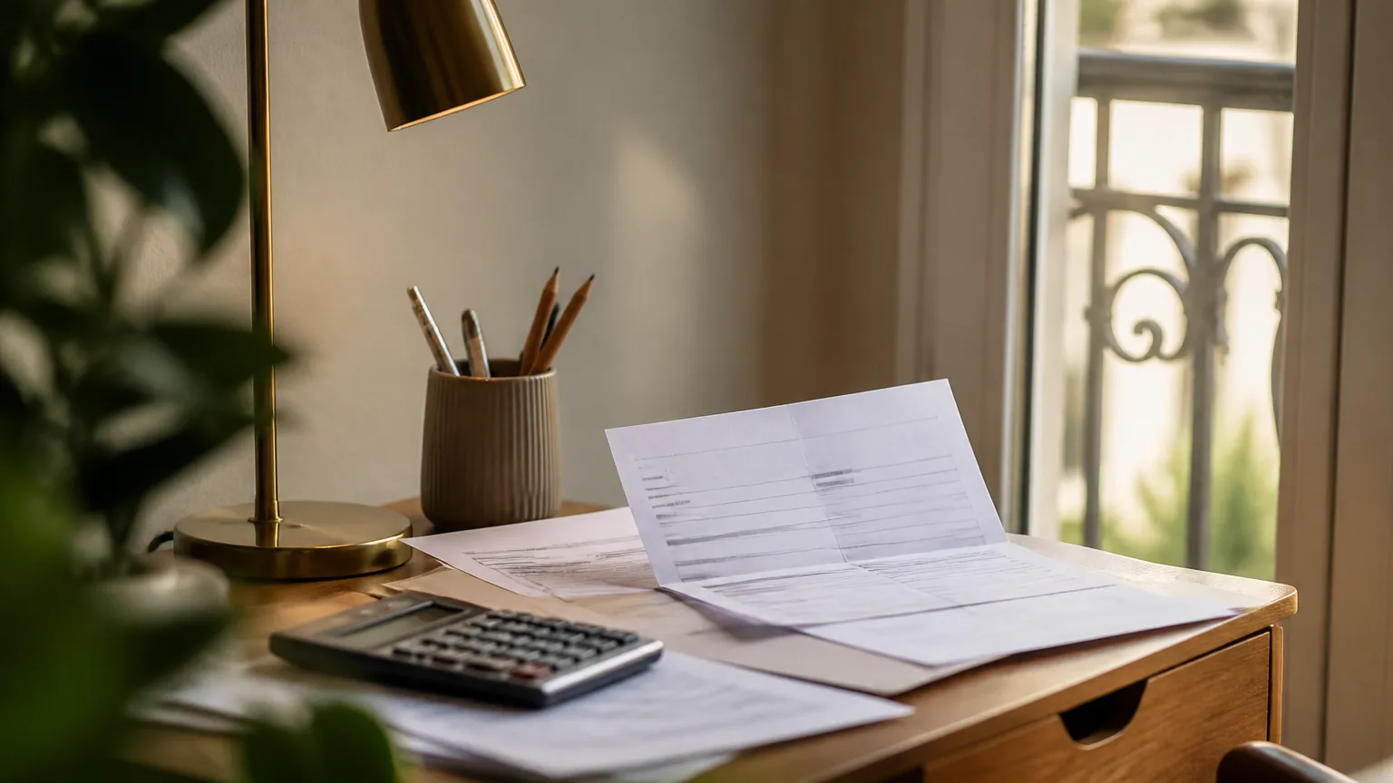 Femme assise devant un bureau consultant un releve bancaire