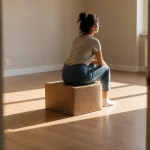 Femme assise sur un carton dans un salon vide