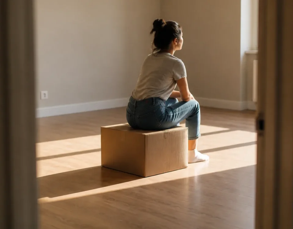 Femme assise sur un carton dans un salon vide