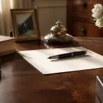 Femme assise signant un testament sur bureau en bois