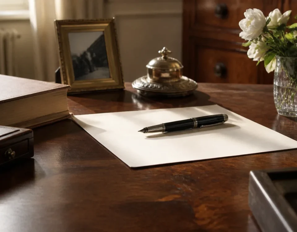Femme assise signant un testament sur bureau en bois